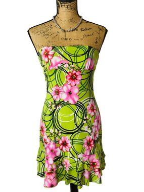 Vtg Rhapsody S Strapless Mini Dress Y2K Floral Ruffled Green Pink Festive Coquet